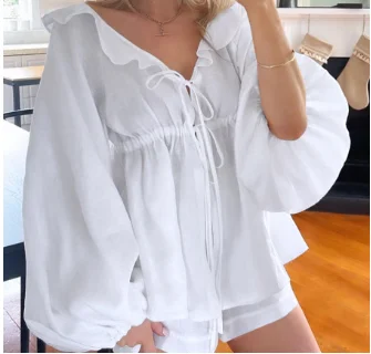 

Two Piece Set Women Outfit 2025 Summer New Cotton and Linen White V-Neck Long Sleeve Lace Up Top & High Waist Casual Shorts Set