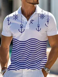 Striped Anchor Men's Casual 3D Polo Shirt Street Polyester Short Sleeve Turndown Polo Shirts Summer Micro-elastic Lapel Polo