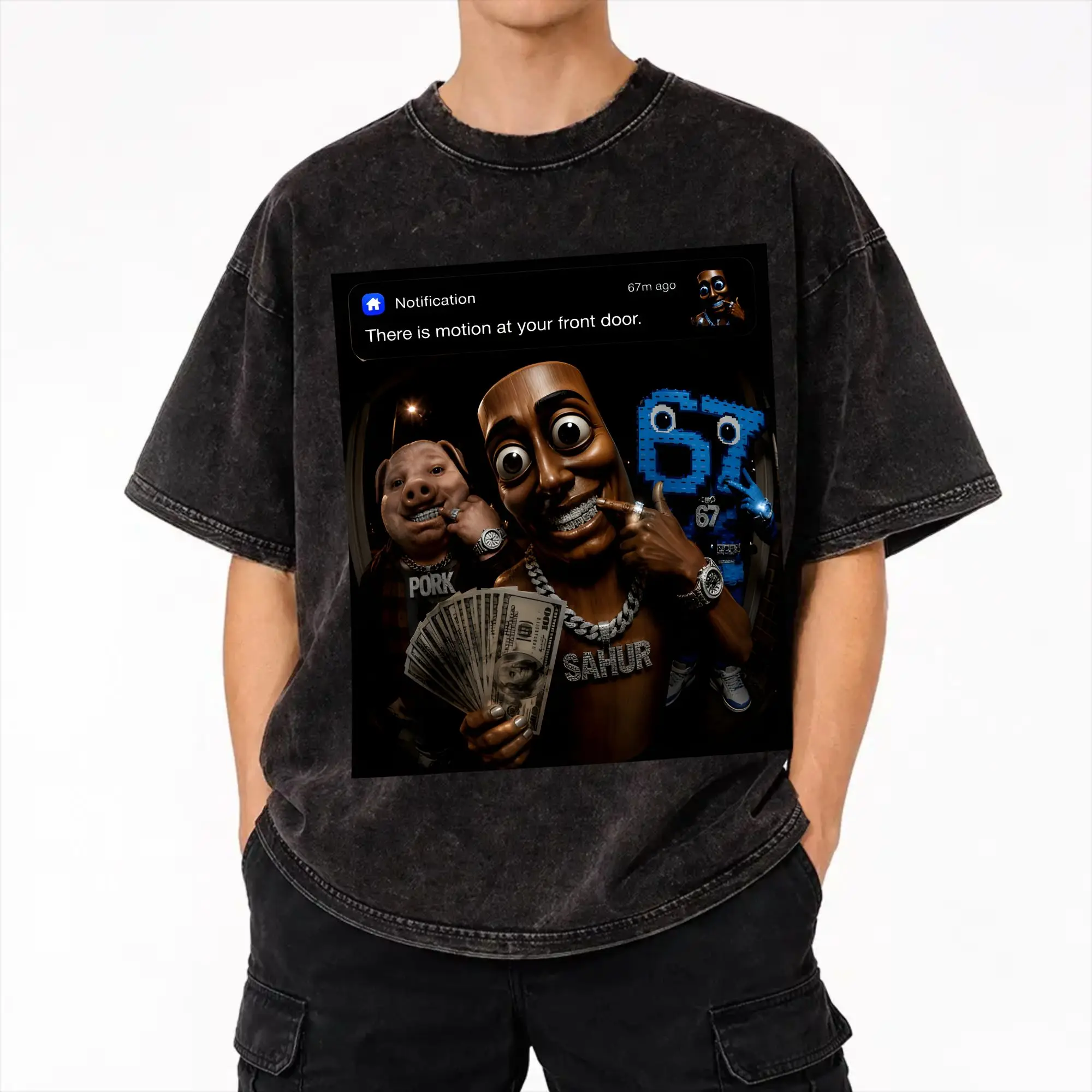 Harajuku Washed Shirts There Is Motion at Your Front Door John Pork Tung Tung Tung Sahur 67 Meme Apparel  T Shirt Streetwear