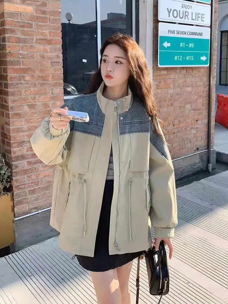 Women 2025 Spring and Autumn Korean Edition Casual Design Cargo Splicing Coat High end Street Fashion Windbreaker Jacket