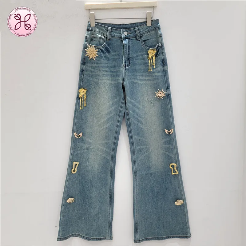 

Модные повседневные джинсы с широкими штанинами и металлическим декором для женщин: новые, с высокой талией, стройнящие, прямые, длинные брюки, трендовые, универсальные, стильные