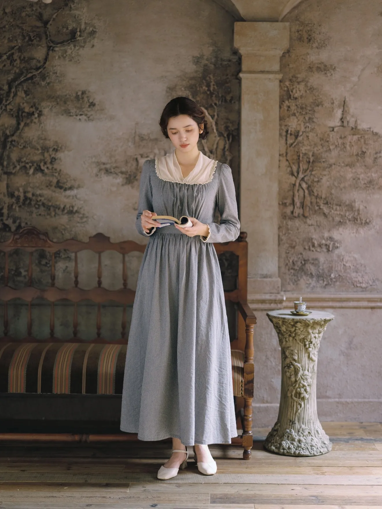 

TIYIHAILEY Spring Autumn 100% Cotton Womens Dresses Full Sleeve Long Maxi Ladies S-XL Vintage Mesh Patchwork Fake 2 Pcs Striped