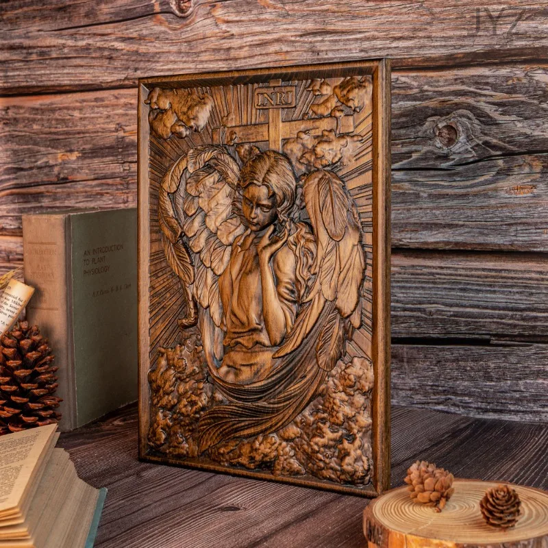 Christian Wooden Icon Archangel Chamuel Wood Carving, Religious Mural Art Figure Living Room Decor