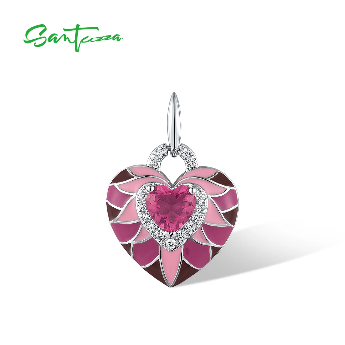 

SANTUZZA Pure 925 Sterling Silver Pendant for Women Sparkling Pink Stone Enamel Lovely Heart Delicate Wedding Gifts Fine Jewelry