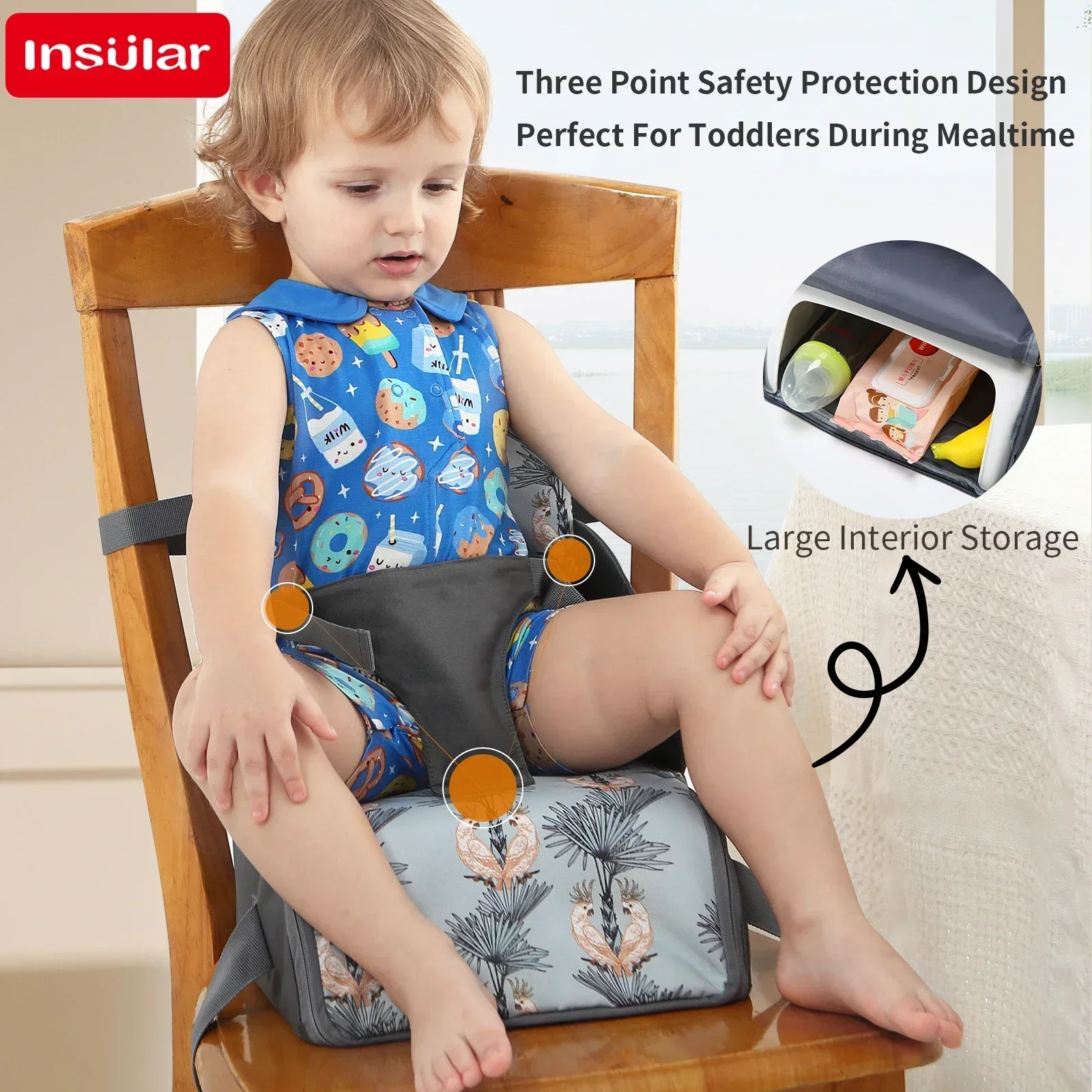 INSULAR Baby Booster Seat + Diaper Bag Travel Toddler Booster Cushion Kid Chair Washable Straps Safety Buckle Muti-functional