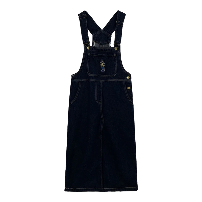 S-5XL Women's Denim Dress Cartoon Embroidered Long Strap Jean Dresses Spring Fall Loose Casual Long Suspender Dress