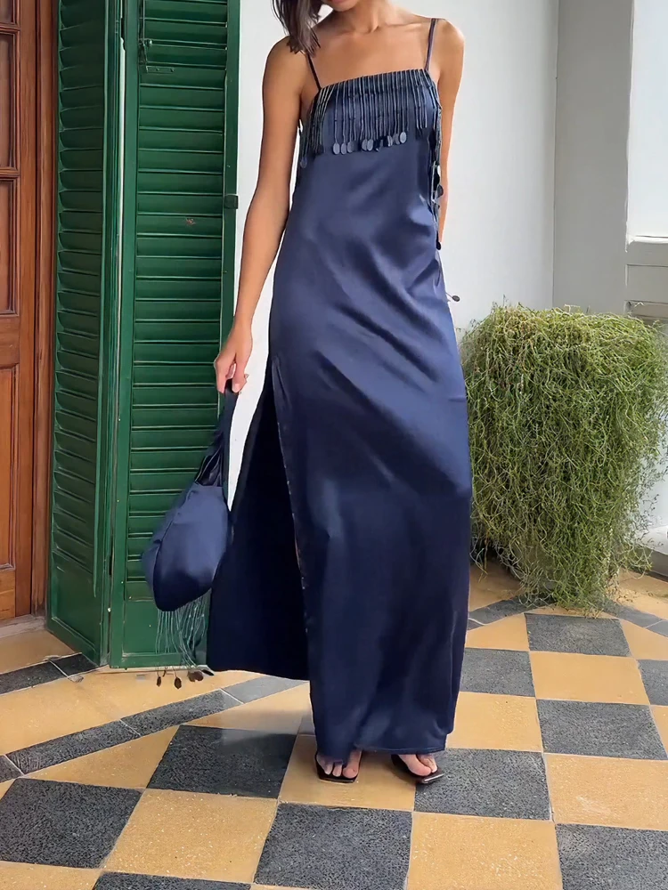 

Summer New Women's Solid One-piece Robe French Style Tassel Sequins Big Backless Dress Elegant Halter Sleeveless Slim Maxi Dress