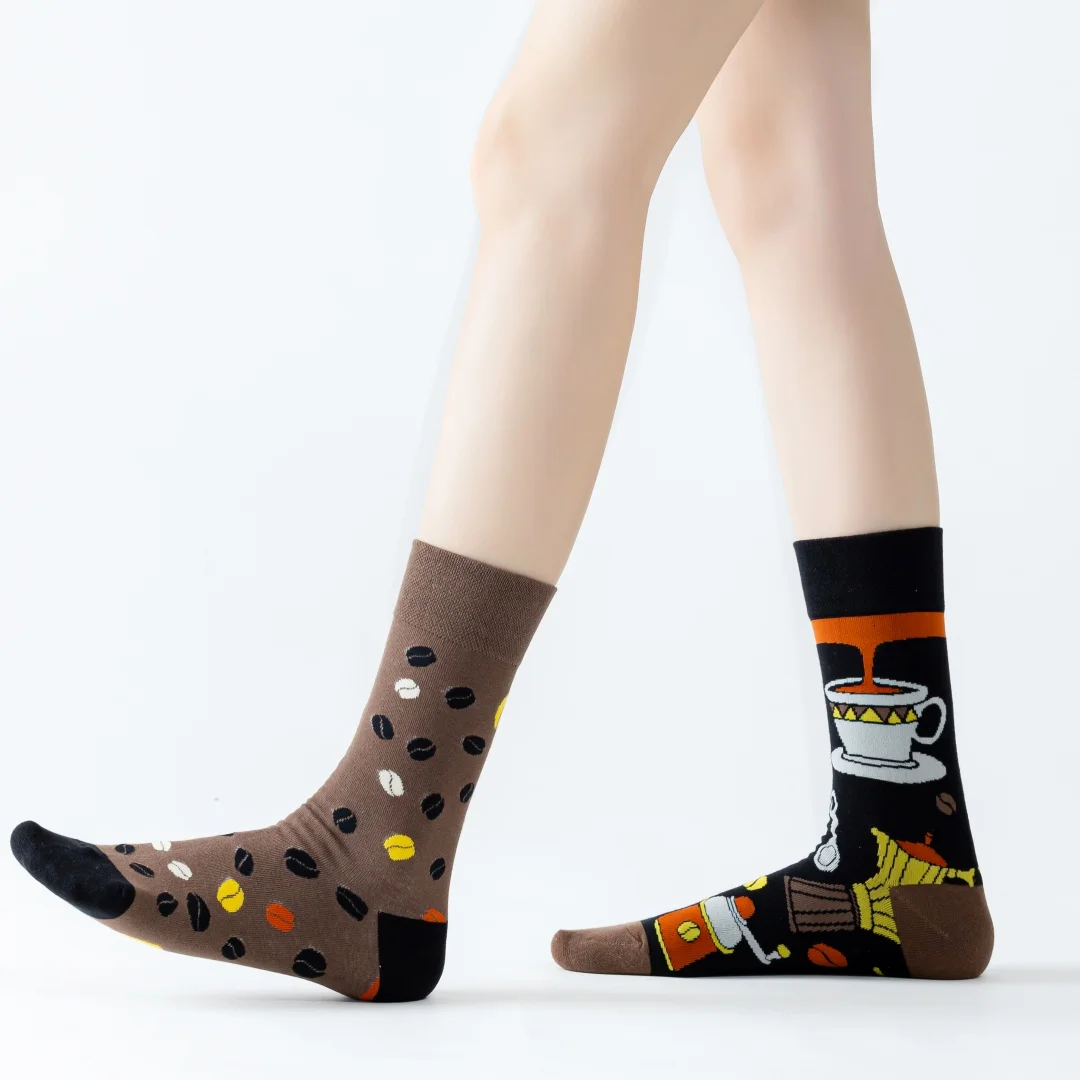 1 pair of retro-style socks with an asymmetrical coffee-colored pattern