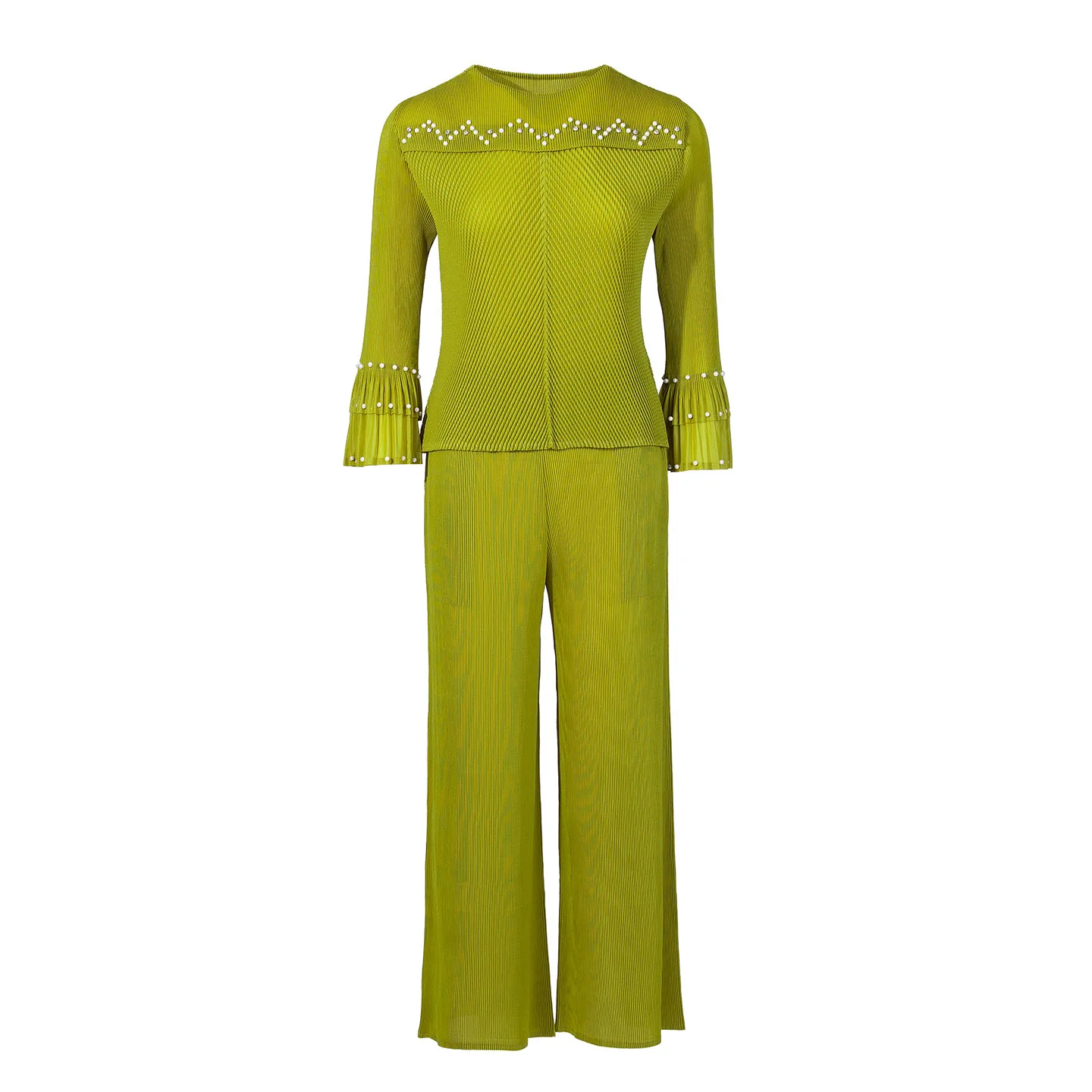 

Miyake Pleated T-Shirt 2026 Summer New Fashion Casual Long Sleeve Top High Waist Elastic Draped Straight Leg Pants Women's Set