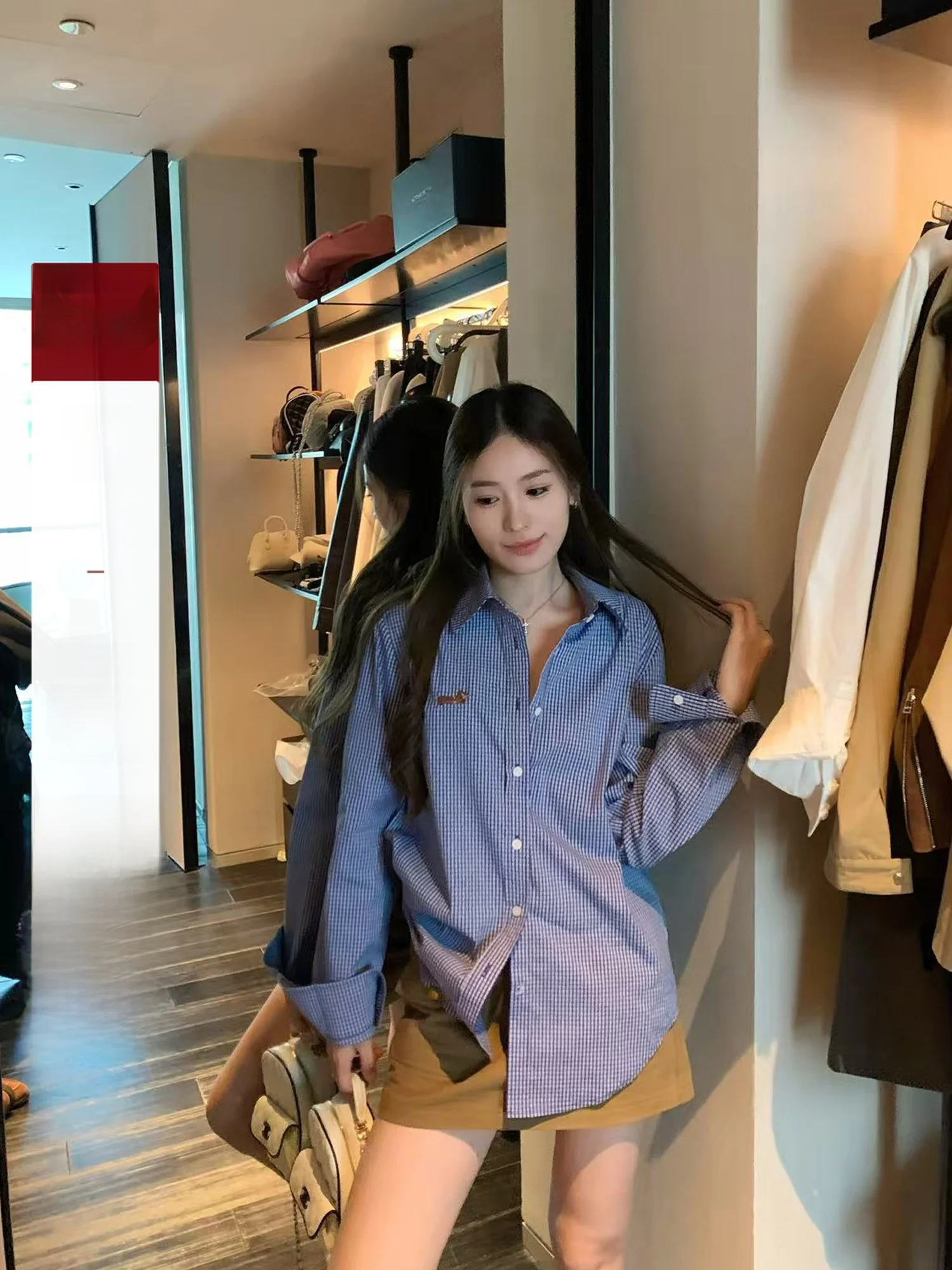 

Hhi Korean Sle Blue Striped Embroidered Loose Long Sve Women's irt Slimming Versatile Early Autumn Top