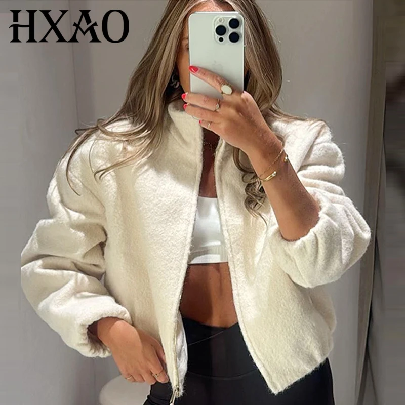 

HXAO Бежевая твидовая куртка Женская куртка Осень Зима Новые пальто и куртки Укороченный воротник-стойка с длинным рукавом Топ Модная верхняя одежда