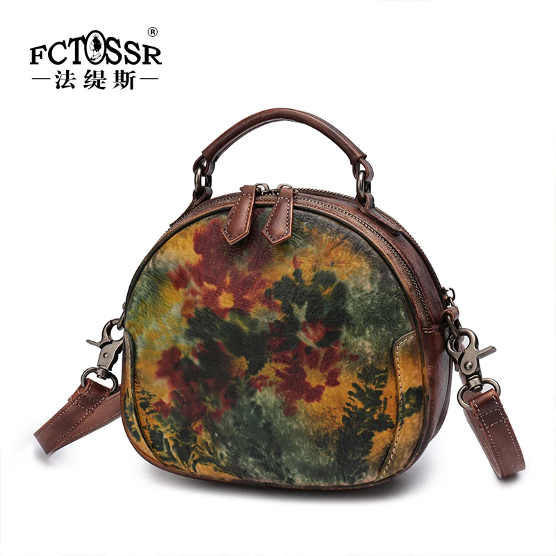 Women Handbags Retro Genuine Leather Round Messenger Bag Handmade Leather Shoulder Bag Female Small Handbag New Original 2024