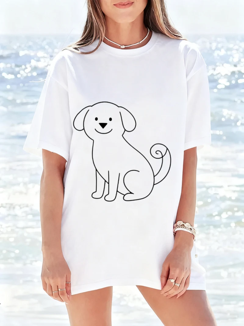 المرأة فضفاضة قصيرة الأكمام تي شيرت أبيض الكرتون جرو طباعة نمط طباعة أزياء المرأة الموضة #1