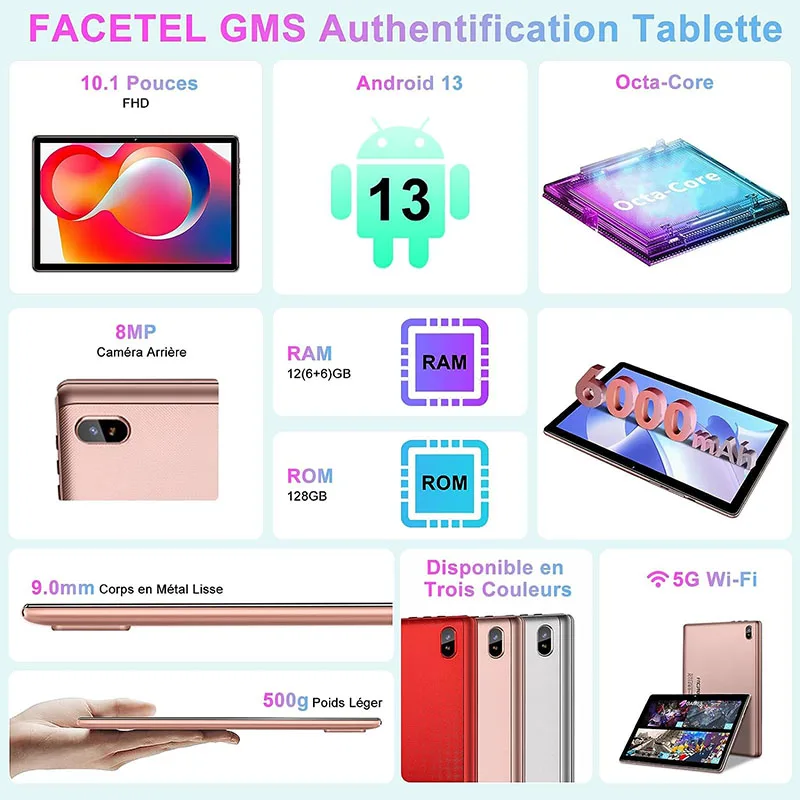 Facetel Q6 10 Inch 5G Octa Core 12GB RAM 128GB ROM 6000mAh GMS BT 5.0 Tablet PC 120Hz 2.5K LCD Display Golden Tablet Android 13