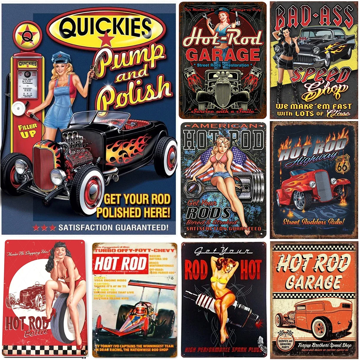 Pinup Girls Hot Street Rod Metal Tin Signs Posters Plate Wall Decor for Garage Bars Man Cave Cafe Clubs Retro Posters Plaque