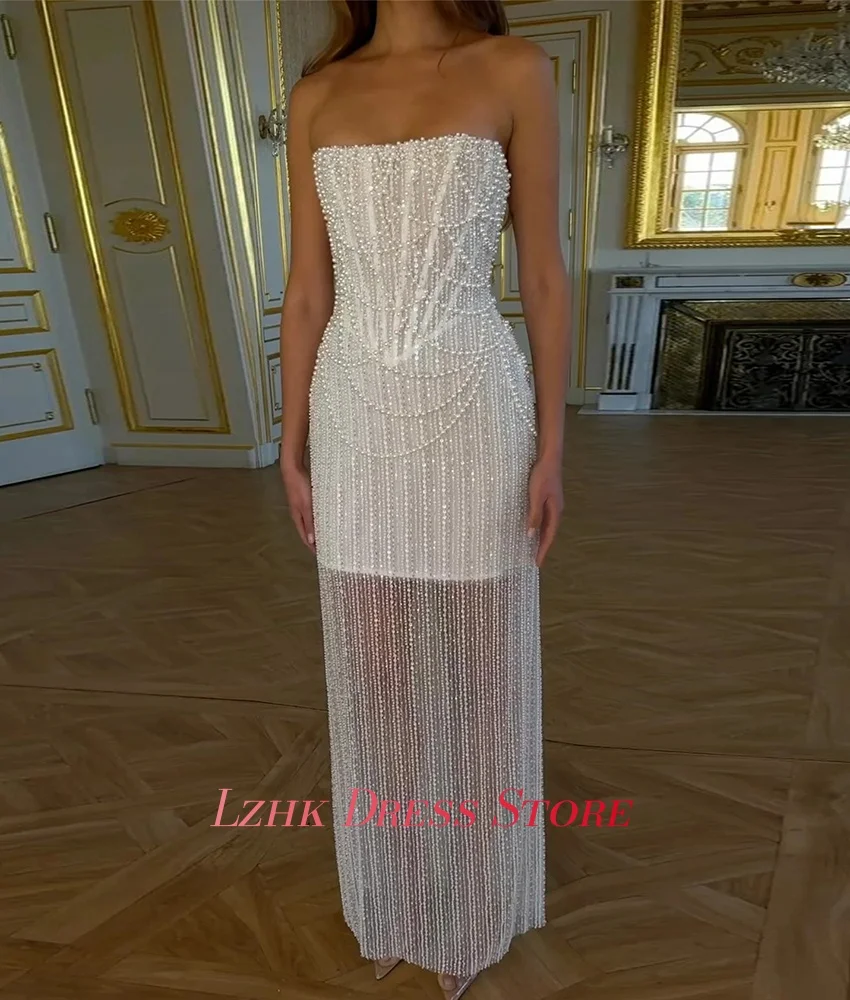 Maßgeschneidertes Luxus-Abendkleid mit Pailletten, Perlen und Kristallen, gerades Abendkleid, hochwertiges, trägerloses, ärmelloses After-Party-Kleid