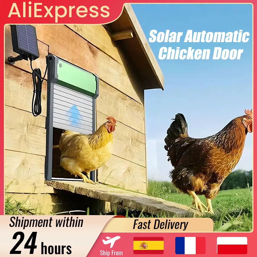 Porte automatique pour poulailler solaire, alimentée par énergie solaire et rechargeable par USB, 4 modes avec minuterie et capteur de lumière