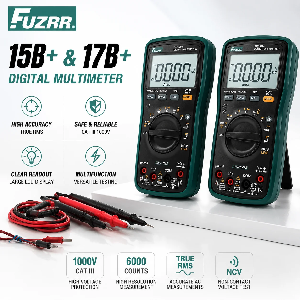 

Fuzrr FR15B+ FR17B+ Auto Range Digital Multimeter – Anti-Burn, Overload Protection, LCD Backlight, Circuit & AC/DC Tester