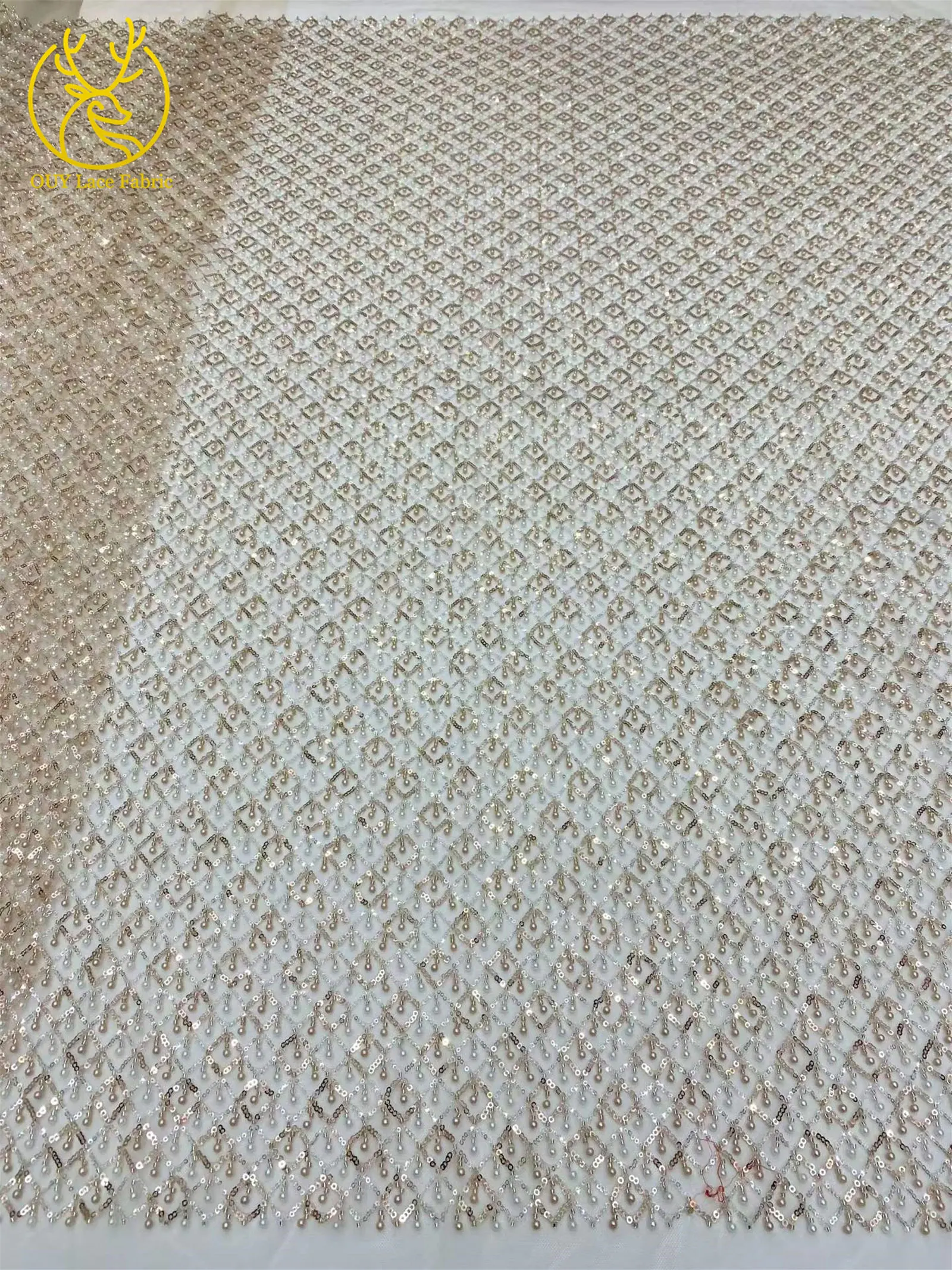 Olivgrüner afrikanischer Spitzenstoff, französischer Mesh-Spitzenstoff mit Pailletten und Perlen, Tüll-Mesh-Spitzenstoff für Damen, Hochzeitsfeier, Abendkleid, Nähen – Detail 9