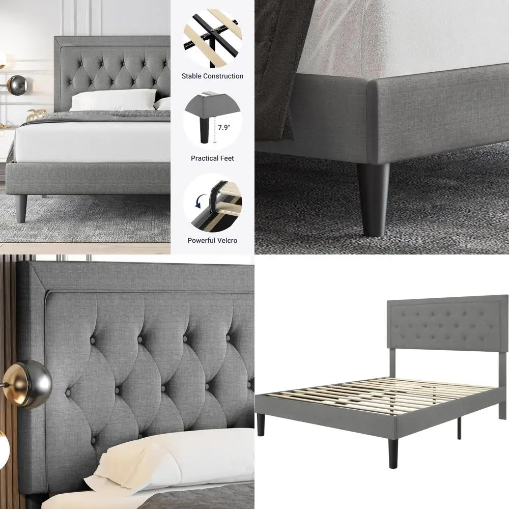 

Light Grey Queen Size Upholstered Platform Bed with Adjustable Base, Button Tufted, Wood Slat Support, Easy Assembly