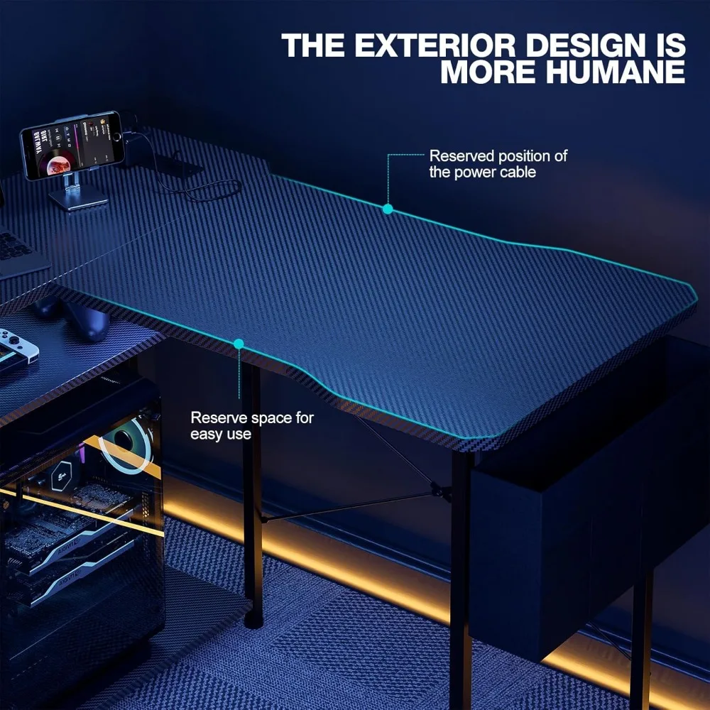 L-Shaped 55 Inch Gaming Desk with Power Outlets, Reversible Shelves, Storage, and Corner PC Desk Features