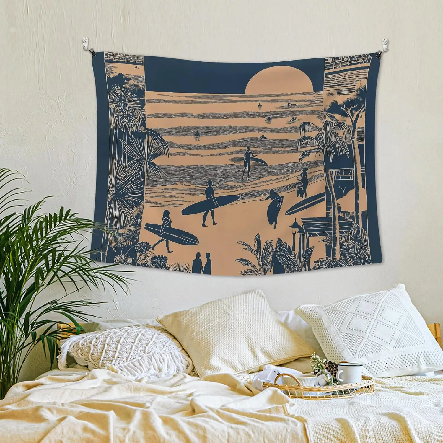 Tapiz de pared de playa costera, tapiz de pared de playa oceánica colgante para dormitorio, paisaje de puesta de sol de palmera de Surf costero Vintage