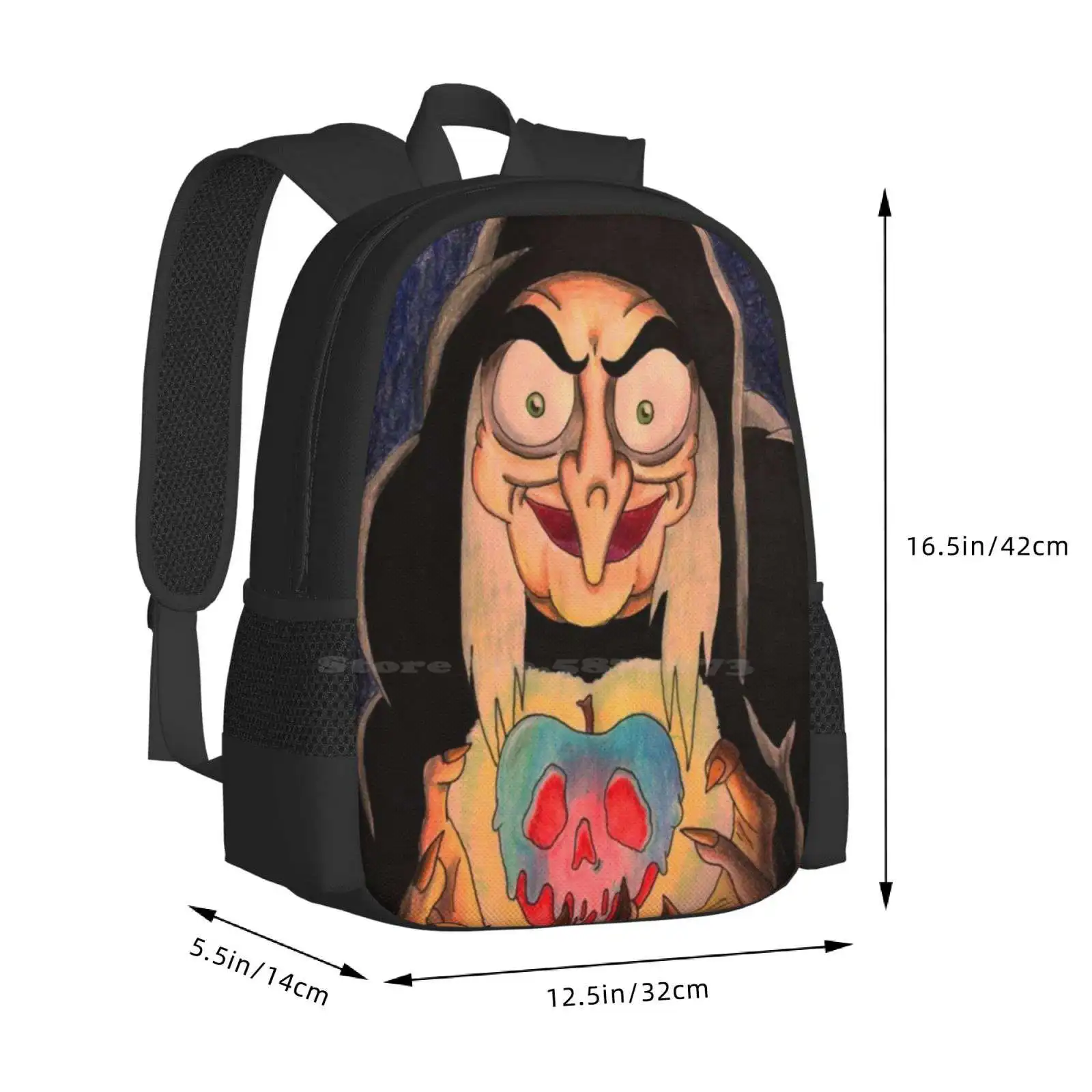 Mochila escolar com grande capacidade, mochila para laptop, rainha má, veneno do Dia das Bruxas, maçã, bruxa, bruxas, crânio, branca de neve, mochila