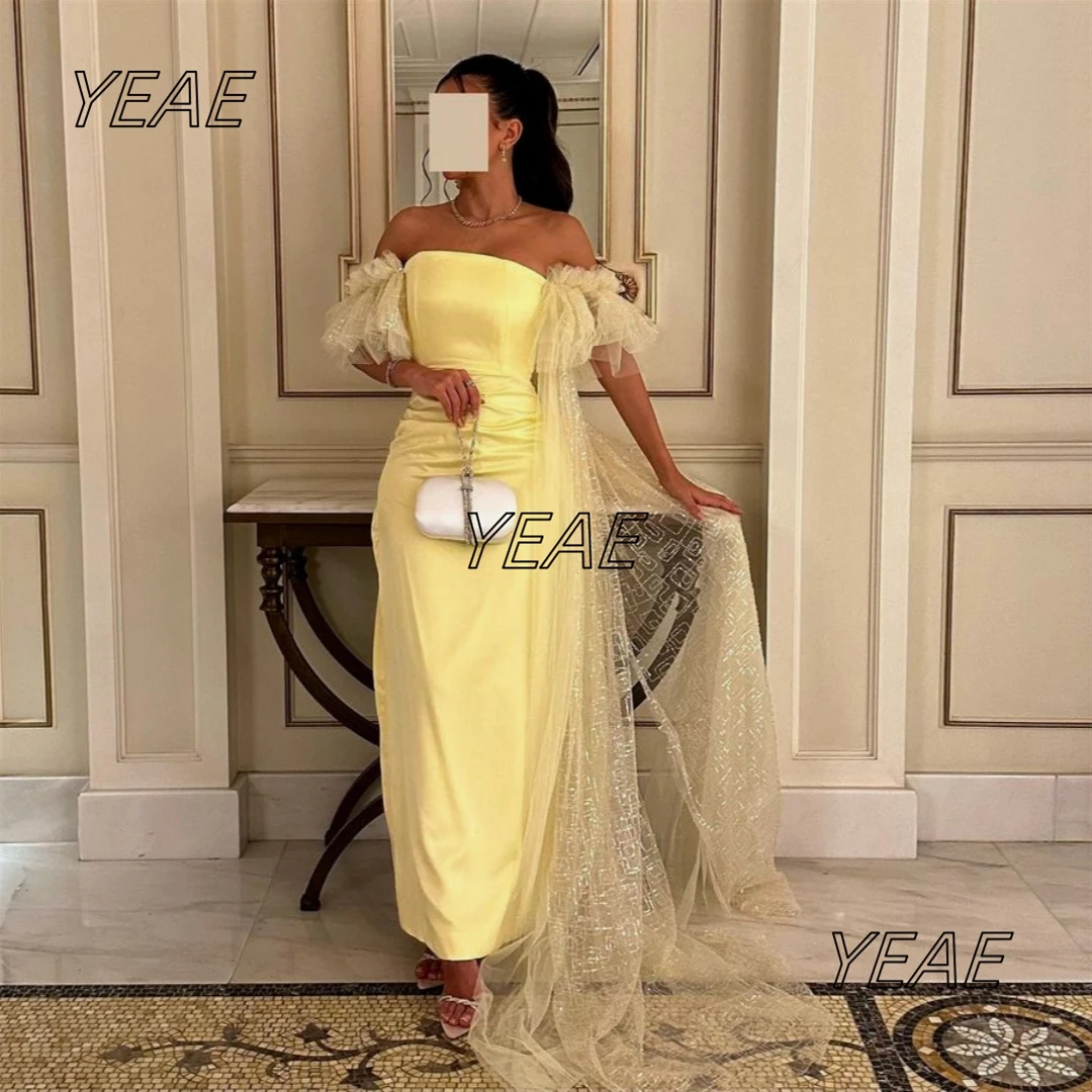 Kendny-Robe de Soirée Sans Bretelles en Tulle Jaune Clair, Tenue de Bal avec Fermeture Éclair au Dos, Longueur Anle, pour Événements Spéciaux