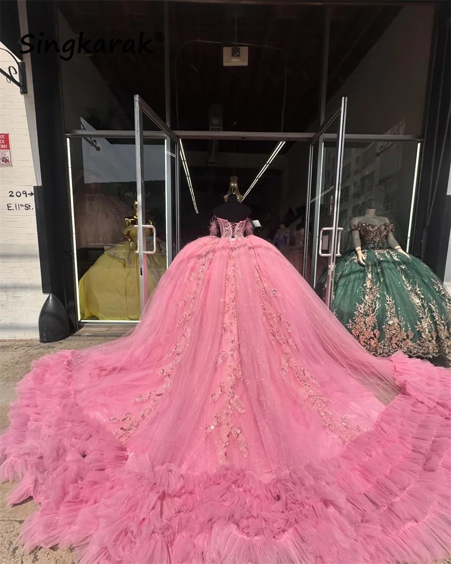 Court Train Pink Sweetheart Beaded Quinceanera Dress Two Gloves Princess Crystals Ruffles Feathers Beads Ball Gown