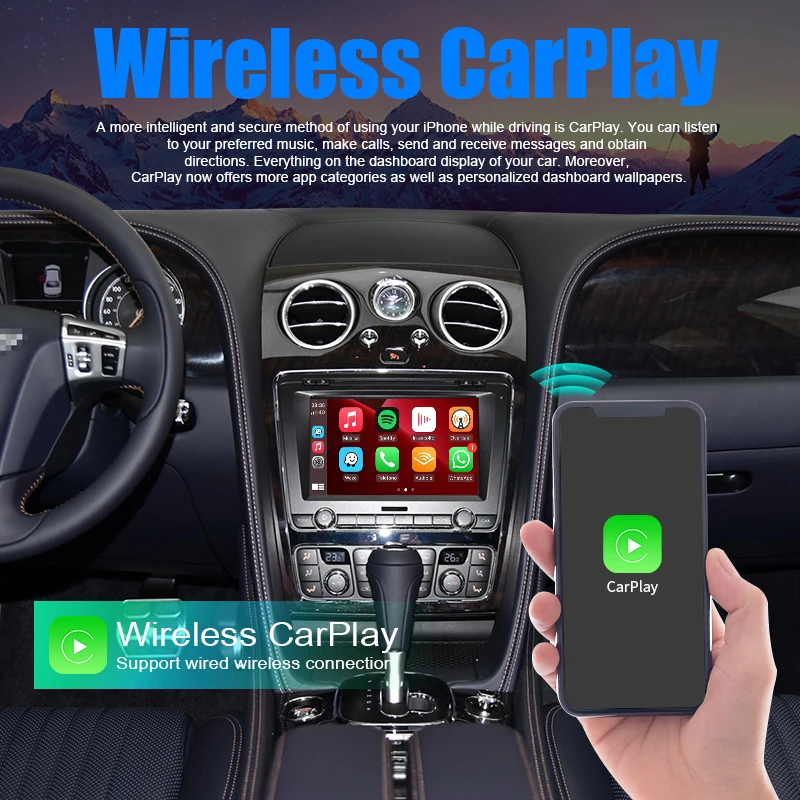 Bezprzewodowy CarPlay dla Bentley Continental GT Flying Spur Android Auto Airplay lustrzane łącze modernizacja nawigacja multimedialna wstecz