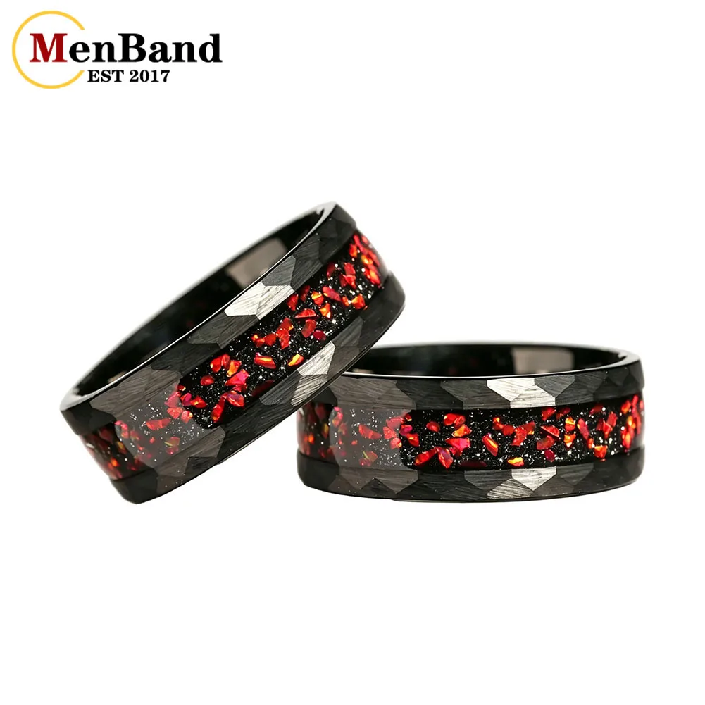 

Unique 8mm Black Hammered Tungsten Wedding Band with Red Garnet Inlay, Romantic Gift for Him for Engagement or Anniversary