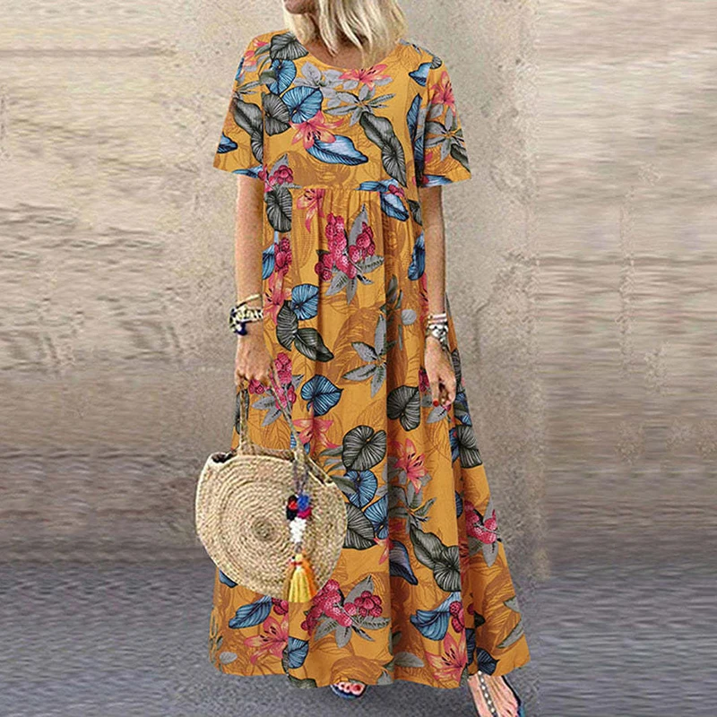 Bohemian Holiday Sommerkleid Sommer Frauen Vintage Blumen gedruckt Kurzarm Strand kleid lose lange Vestido Robe femme2024