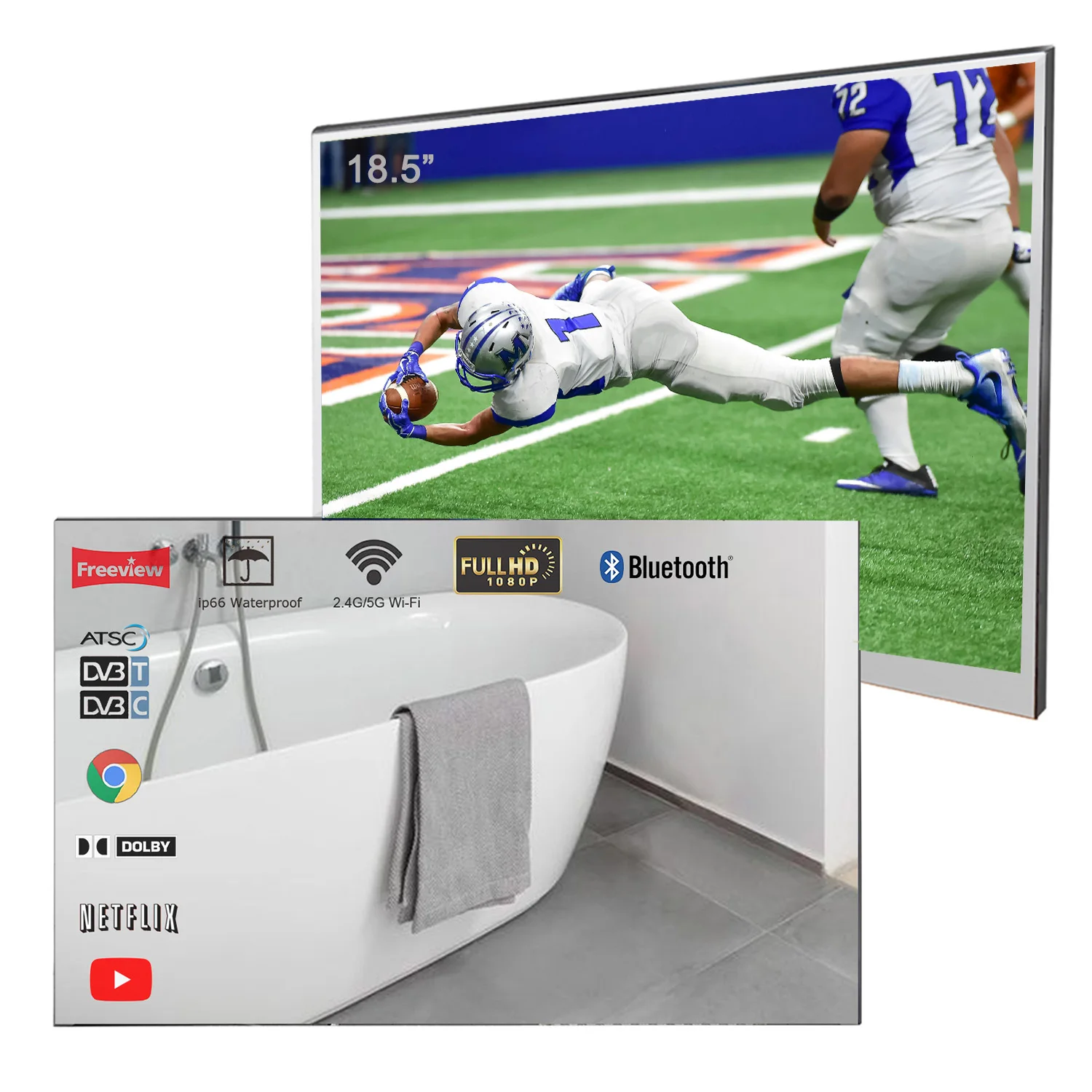 Souria 19 inches Small LED Mirror TV for Compact Area Bathroom SPA Waterproof IP65 In Wall DTV Tuner Vanishing Screen Mirror
