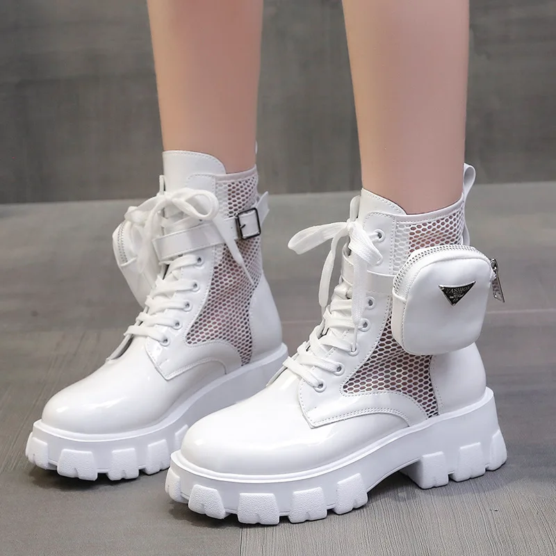 2024 New Women Thick-Soled Leather New Boots Casual Women Boots Women Fashion Lace-Up High Boots Nylon Pouch Heels Flats Booties