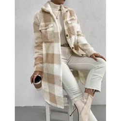 Pardessus à carreaux pour femmes, manteau chaud Keer, vestes en peluche à revers, manches longues, poches, coupe longue, tendance