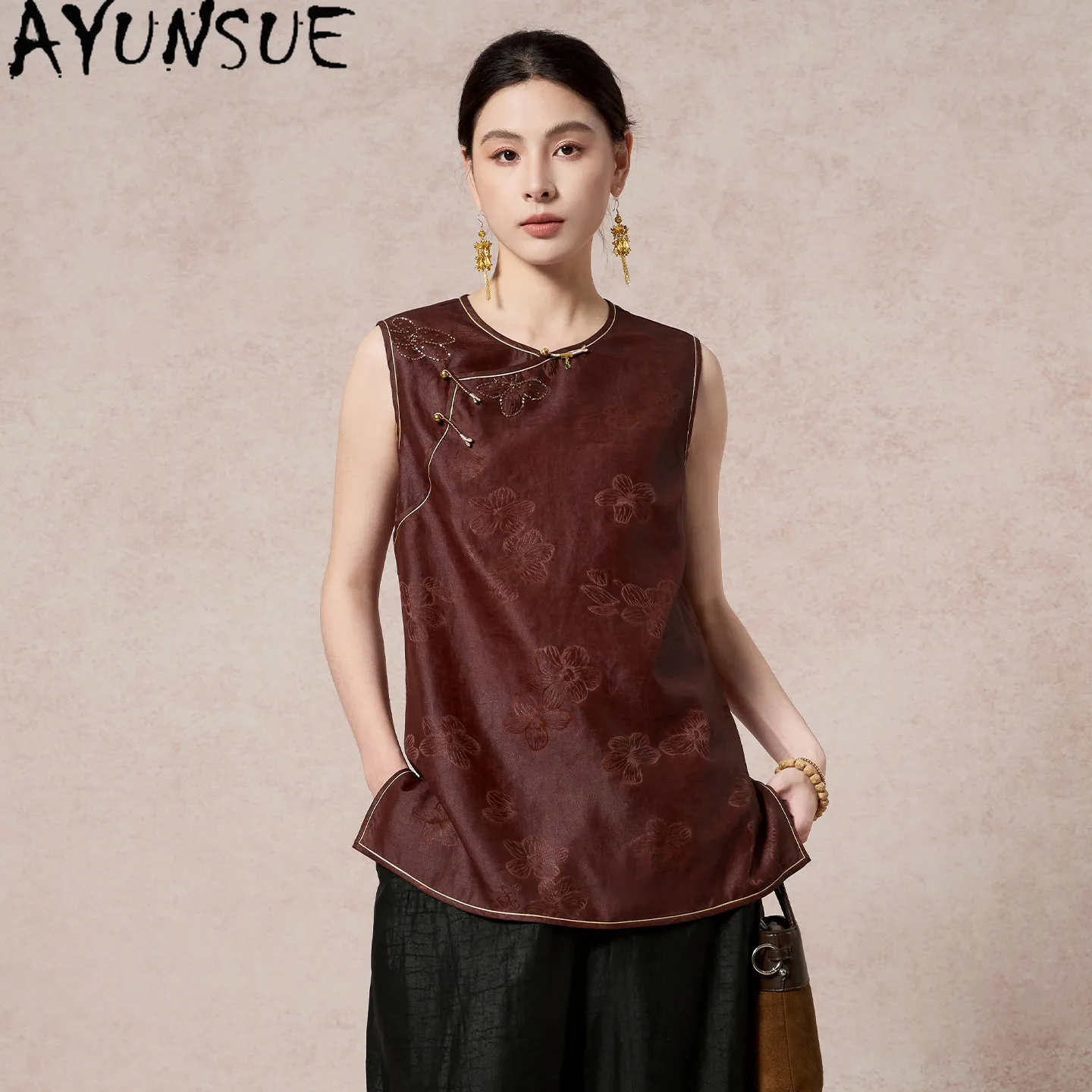 AYUNSUE 100% Real Mulberry Silk Vest Women Vintage Sleeveless Shirt 2026 Summer Clothes Casual Womens Tops Жилет Женский