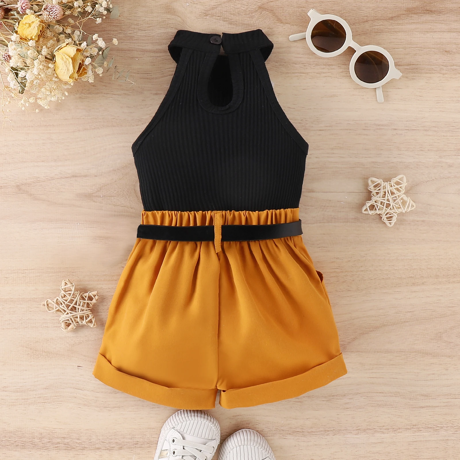 3PCS Summer 0-4 Years Old Baby Girls Soft And Comfortable Simple Beautiful Black Halter Top + Coffee Color Shorts