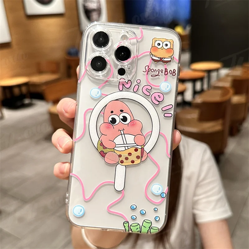 Cute Anime SpongeBobs TPU Case For iPhone 11 12 13 14 15 Pro Max Mini X XS XR 8 7 Plus SE 2020 Soft Clear Magsafe Magnetic Cover