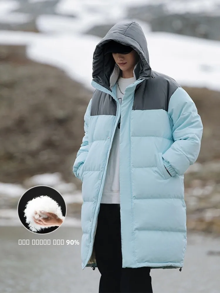 

Trendy American Brand Men's Long Over-Knee Hooded down Jaet Thi Warm Outerwear Winter Coat Youth ular Sle White Du...