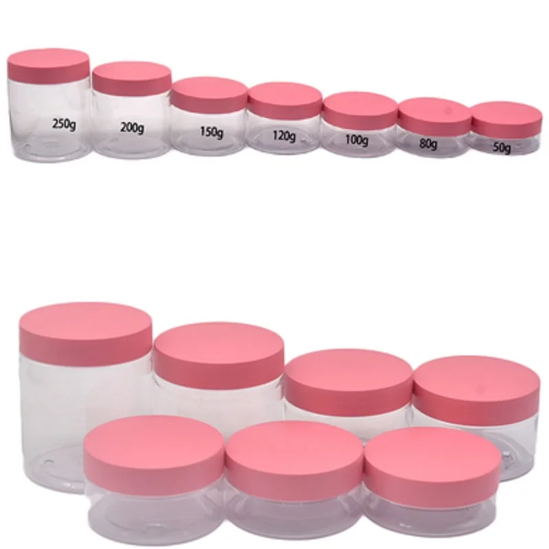 

Packing Empty Plastic Bottle Clear Cosmetic Jar Pink Cover 50g 80g 100g 120g 150g 200g 250g Refillable Packaging Container 24Pcs