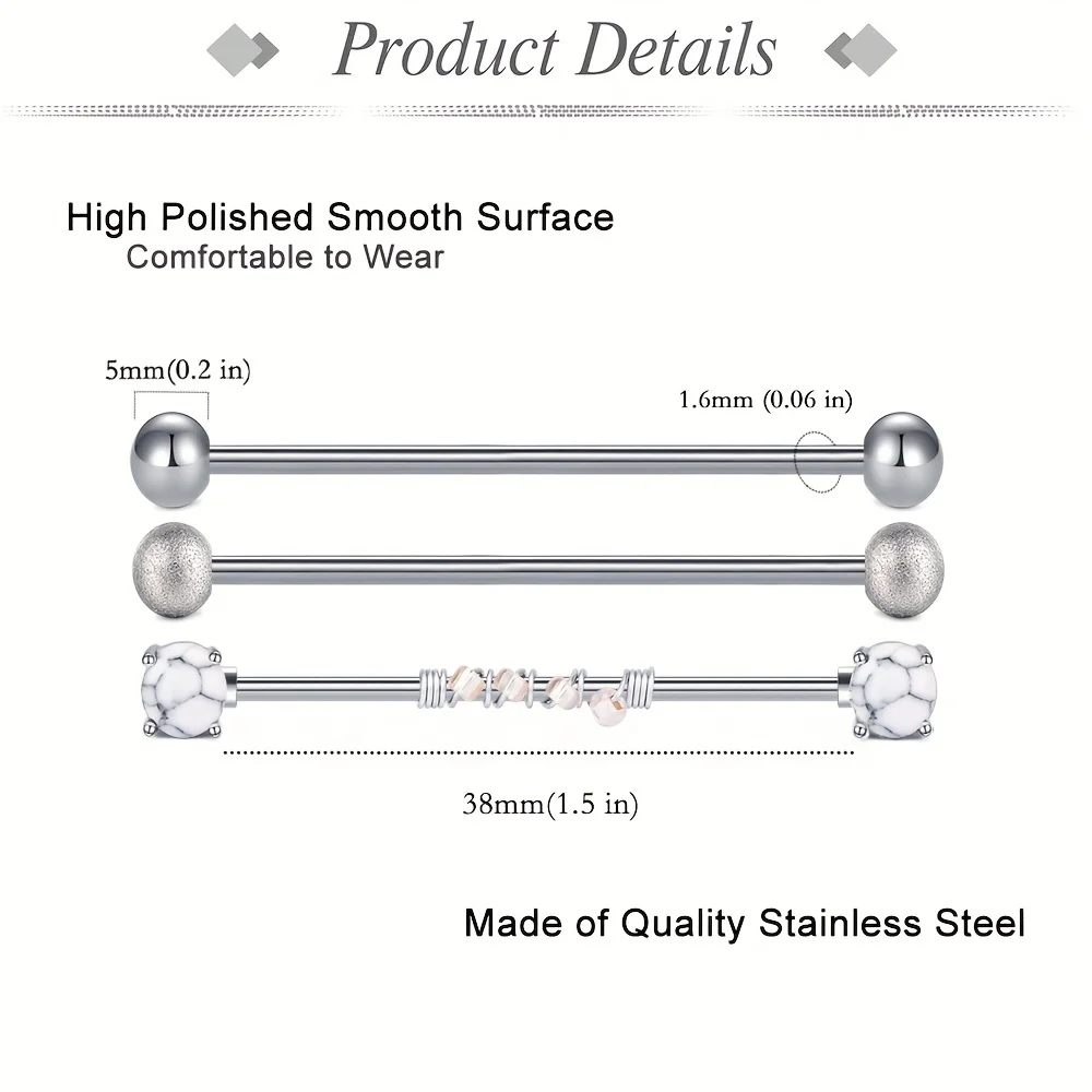 Three-piece Set Of Industrial Bars 14G Long Bone Studs 38mm Ear Bridge Industrial Bars Ear Piercing Jewelry