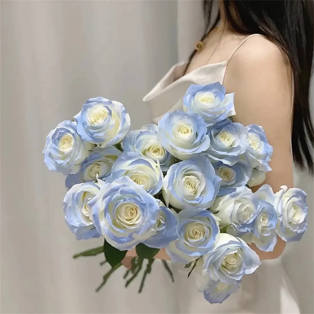 3pcs Rose Artificial Flowers Real Touch Ice Blue Rose Wedding Home Artificial Roses Flower Valentine Fake Silk Flower Decoration