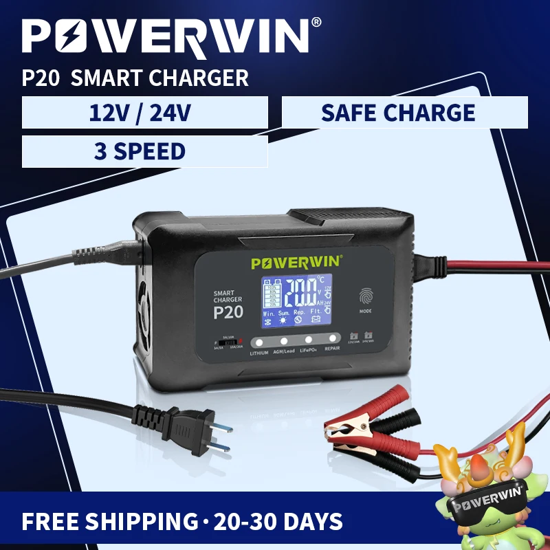 

POWERWIN 20A 12V20A 24V10A P20 Battery Smart Charger Automatic Pulse Repair LCD For BT100 BT200 LiFePO4 AGM Lead-Acid Lithium