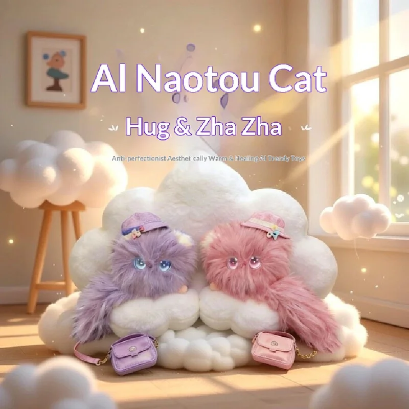 AI Shaggy Cat Plush Toy Hug & Zha Zha AI Companion Robot Stuffed Animal Kawaii Purple Pink Bag Pendant Kids Gift Boys Girls