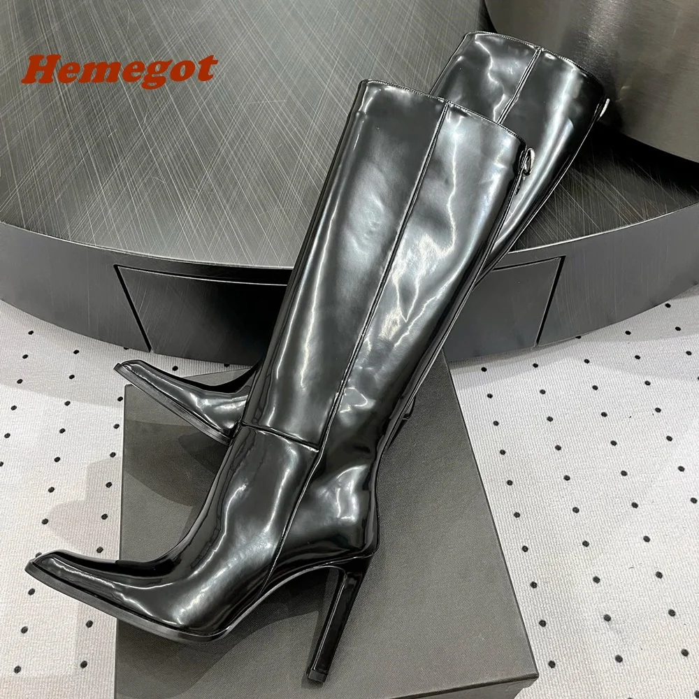 

Black Glossy Square Toe Boots Thin Heels Back Zipper Knee High Boots for Women Winter 2024 New Luxury Runway Shoes Warm Solid