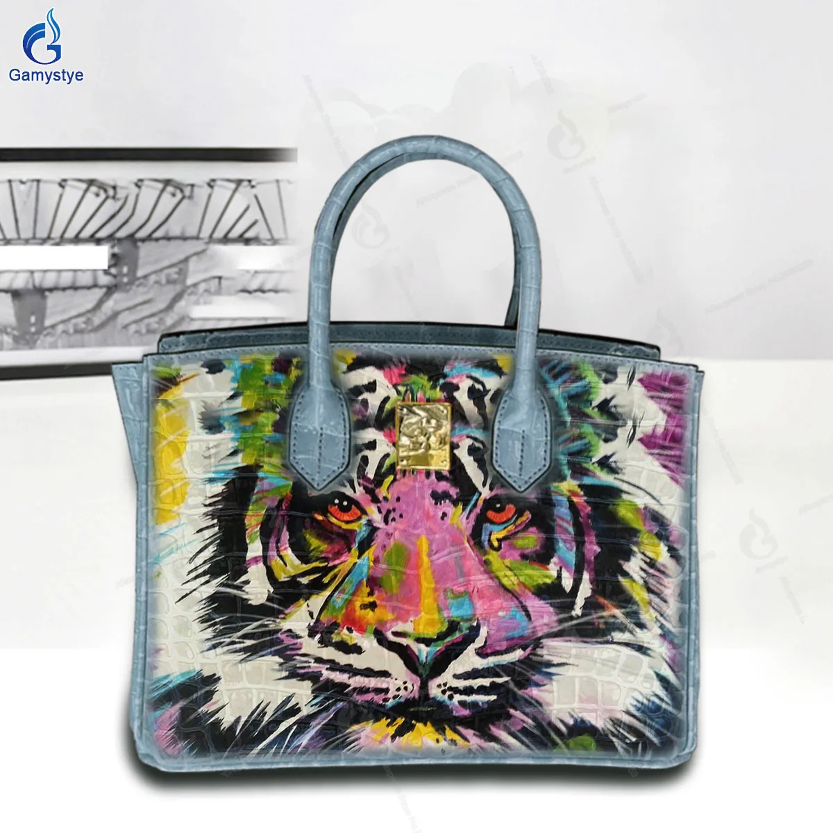 

Art Hand-Painting Mighty colorful tiger Customize Totes Women Clutch purses and handbags Designer Ladies purses Genuine Leather