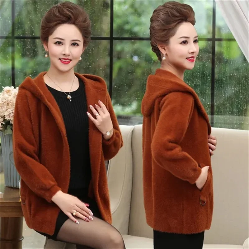 Imitation Mink Velvet Coat Women\'s Spring Autumn Sweater Thickened Jacket Hooded Knitting Outwear 2024 New Cardigan Female Tide