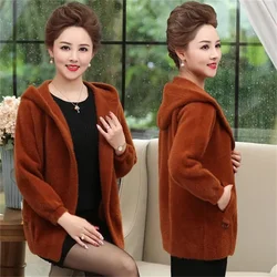 Imitation Mink Velvet Coat Women's Spring Autumn Sweater Thickened Jacket Hooded Knitting Outwear 2024 New Cardigan Female Tide