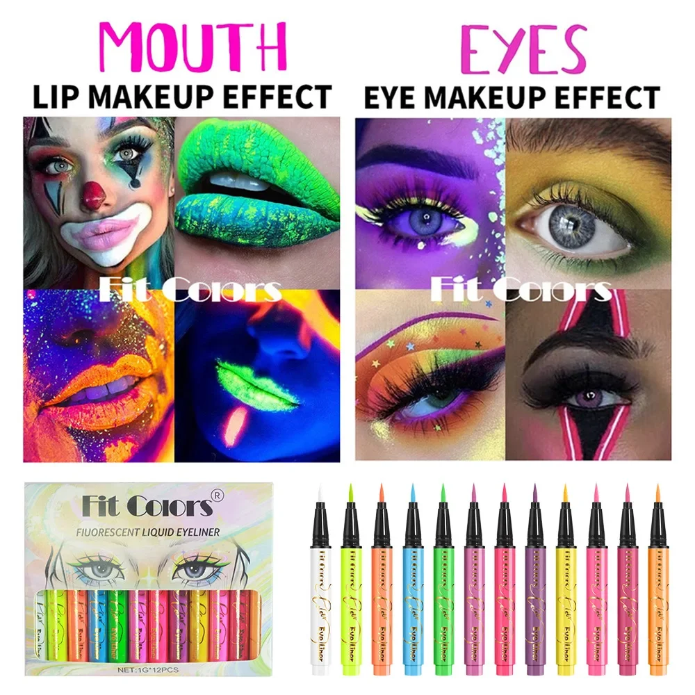 12 Pcs Fluorescent Eyeliner Pen Set Multi-function Body Painting Fashion Waterproof Lasting Neon Lights Colorful Party Cosmetics