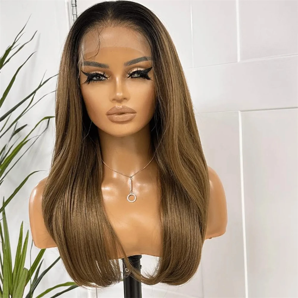 13X4 Ombre Brown Highlights Lace Front Wig for Women Party Free Part Daily Cosplay Wigs Heat Resistant High Quality Fiber Wig